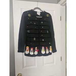 The Quacker Factory Women Christmas Cardigan Sweater Medium full zip embroidered
